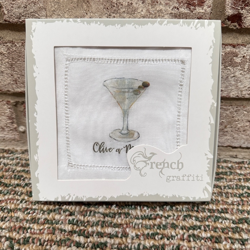 NEW French Graffiti Linen Cocktail Napkin - Olive A Martini - Set of 4